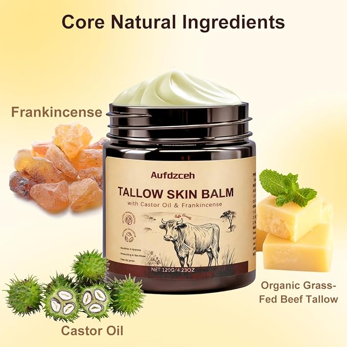 Beef Tallow for Skin – Moisturizing Tallow Balm with Grass-Fed Beef Tallow, Castor Oil & Frankincense for Face & Body, Natural Nourishing Formula for Dry and Sensitive Skin