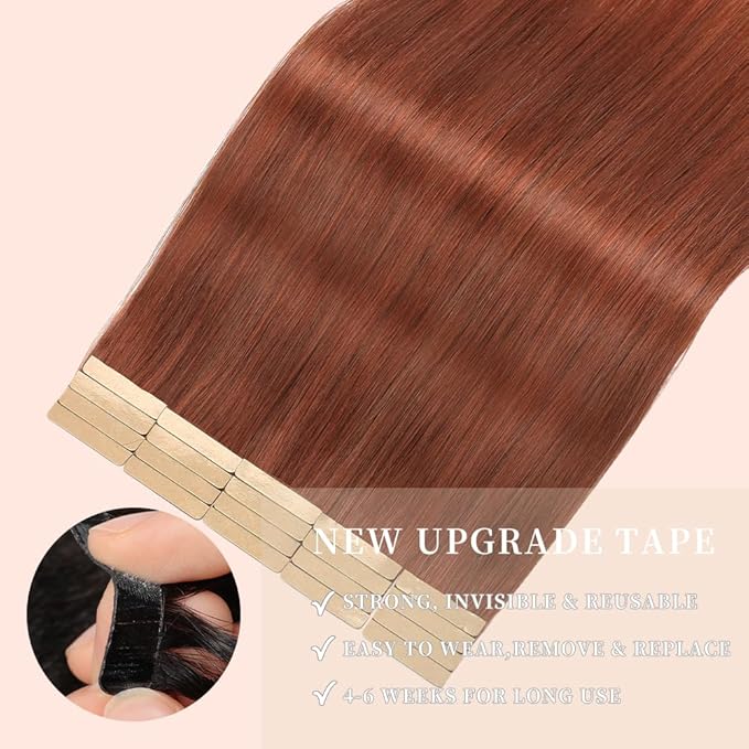 Tape in Hair Extensions Human Hair 20pcs Remy Hair Extensions 18 Inch Auburn Brown Straight Invisible Human Hair Tape in Extensions Skin Weft Tape Extensions Human Hair (#A33,18 Inch)