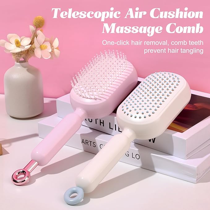 Self Cleaning Hair Brush, Retractable Cushion Massage Comb Brush, One-pull Clean Anti Static Brushs, Hairs Styling Tools for All Hairs Types, Retractable Hair Brush for Women Men (white)