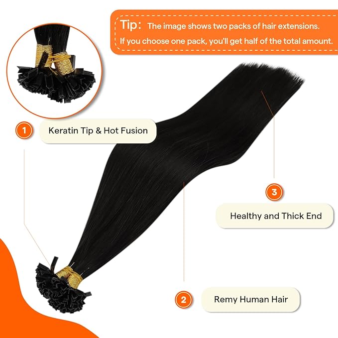 Full Shine Ktip Hair Extensions Human Hair Color 1 Jet Black Ktip Human Hair Extensions 16 Inch Prebonded Extensions Remy Hair 50 Grams Keratin Tip Extensions for Women