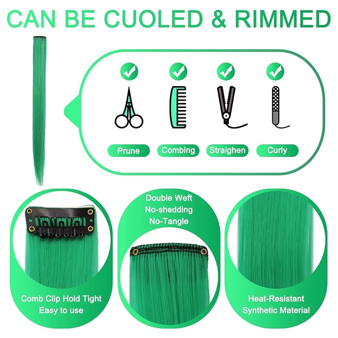 Rhyme 9PCS Green Hairpieces 21inch Colored Hair Extensions Clip in/on for Girls and Women Party Highlight Christmas Wig Pieces Hair Accessories (Green)