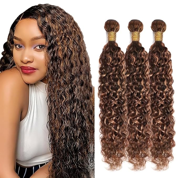 Brown Human Hair Bundles Highlight Water Wave Bundles 26 28 30 Inch Color 30 Human Hair Bundle Unprocessed Virgin Hair 3 Bundles