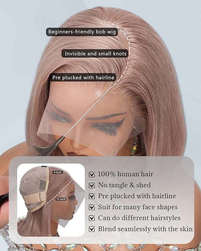 Ash Blonde Bob Wig Human Hair 180 Density 13x4 HD Lace Fronal Wigs Pre Plucked With Baby Hair 14 Inch Brazilian Virgin Hair Middle Part Ash Blonde Short Colored Bob Wig Blunt Cut For Women