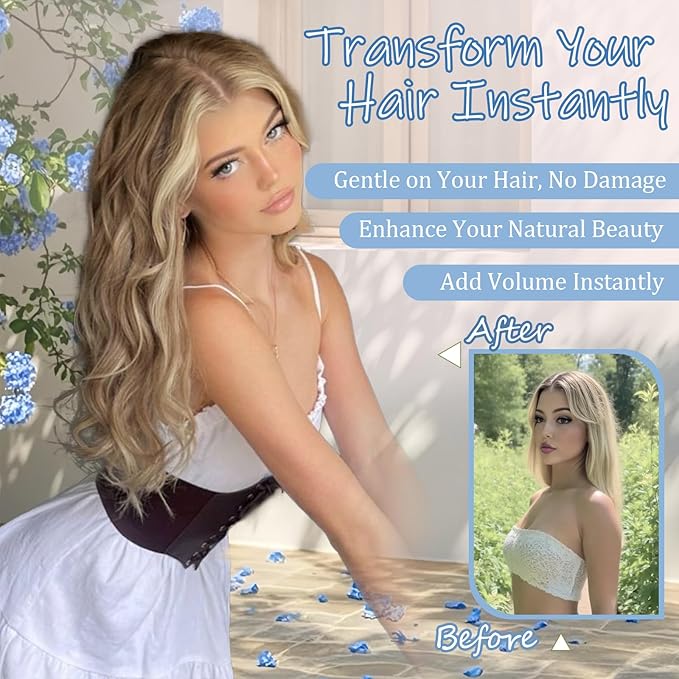 Brown Mixed Blonde Invisible Wire Hair Extensions Long Wavy Synthetic Hairpiece with 4 Secure Clips for Women 20 Inch Clip in Hair Extensions