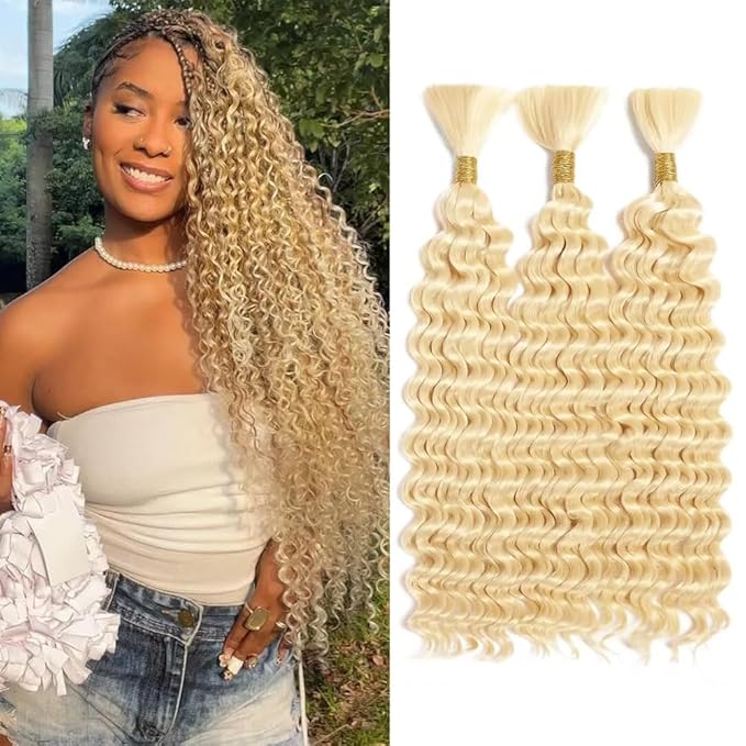 Freiuoke 613 Blonde Human Braiding Hair 22 22 22 Inch 150g 3 Bundles Brazilian Virgin Hair Blonde Deep Wave Bulk Bohemian Color 613 Braids