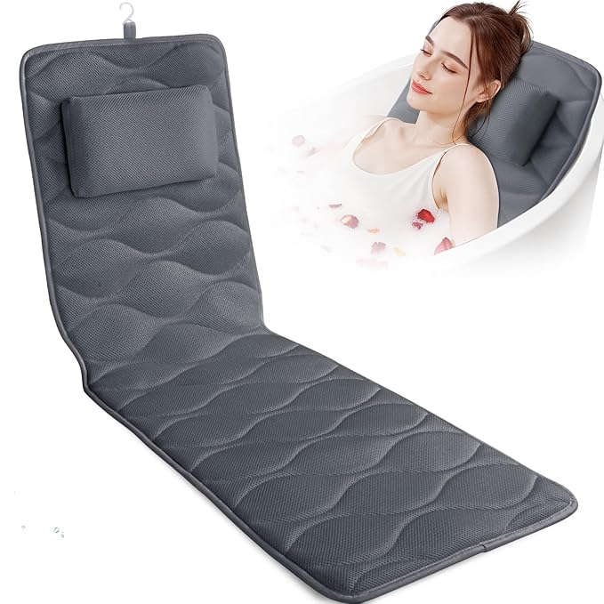 Bath Pillow for Tub with Laundry Bag & 17 Non-Slip Suction Cups, Extra Thick and Soft Bathtub Pillow for Head, Neck & Shoulder Support, 56" x 16" Grey