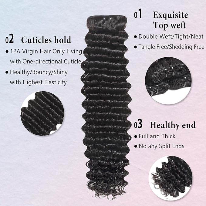 12A Brazilian Deep Wave Human Hair Bundles 18 20 22 Inch Brazilian Deep Curly Bundles Human Hair 3 Bundles 100% Unprocessed Virgin Weave Natural Black Extensions For Women