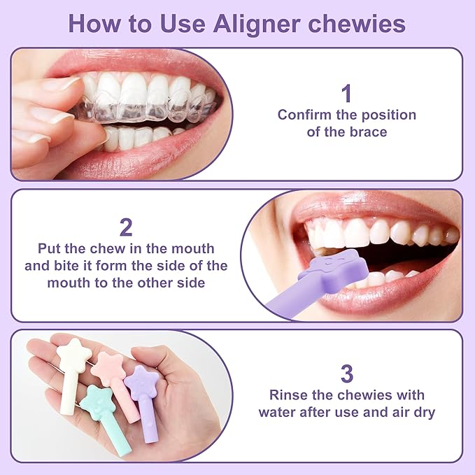 Aligner Chewies for Invisalign, 4-Pack Star Style Silicone Orthodontic Munchies Chompers For Invisalign Braces, Aligners, Retainers (Unflavored, Mint, Taro flavor, Strawberry)