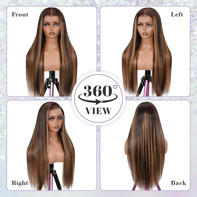 Highlight Ombre 13x6 Full Frontal SKINLIKE HD Lace Wig 200 Density 13x6 HD Lace Front Wigs Human Hair Straight 15A Invisible 0.1mm Ultra-thin Frayed Ends Full Cuticle Aligned Virgin Hair 24 Inch