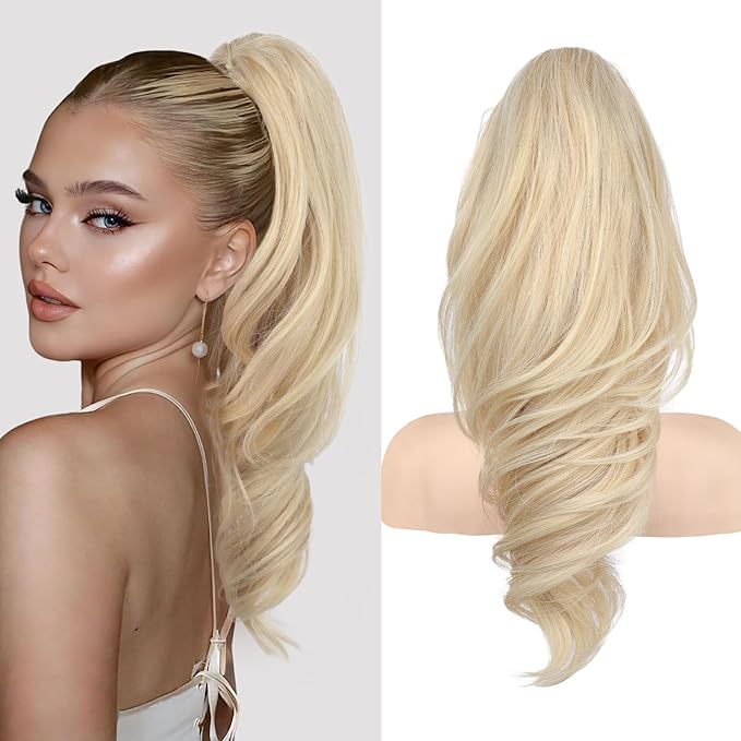 SEIKEA Ponytail Extension, 18" Wavy Claw Clip in Hair Extensions for Women, Lightweight Fluffy Synthetic Ponytail Hairpiece, Natural Soft & Easy to Wear, for Short & Medium Hair Light Blonde