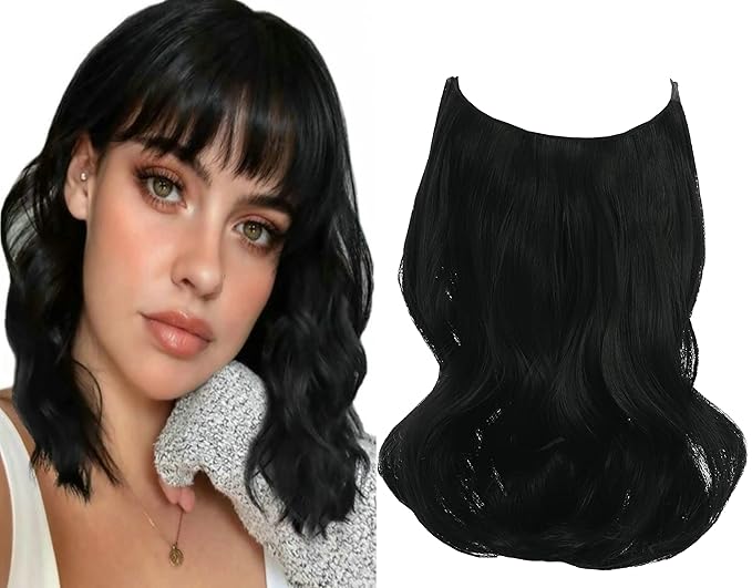 Invisible Wire Hair Extensions Transparent Wire Adjustable Size 4 Secure Clips Long Wavy Curly Secret Hairpiece 14 Inch for Women