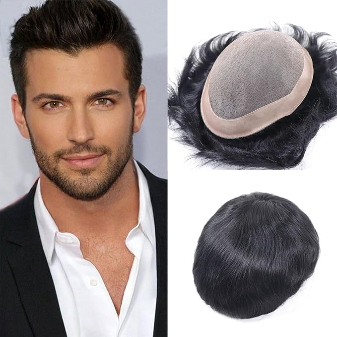 6x8 7x9 Hair Men’s Toupee Mono Lace PU Hairpiece Replacement Capillary Prosthesis System 100% Human Hair Breathable Durable Males Wig Natural Black (MONO Base, 8x10)