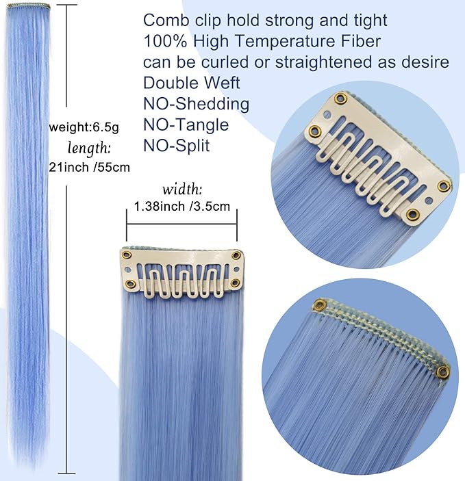 Rhyme 21" 16 PCS Light Green Sky Blue Hair Ins Colored Clip in Hair Extensions Straight Fashion Hairpieces for Party Highlights Girls Hair Accessories (Light green,Light blue)