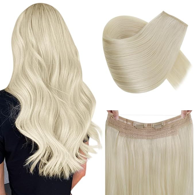 RUNATURE Wire Hair Extensions Real Human Hair, Invisible Fish Line Hair Extensions, Platinum Blonde Natural Hair with Transparent Wire, Easy to Apply 14 Inch 70g #60