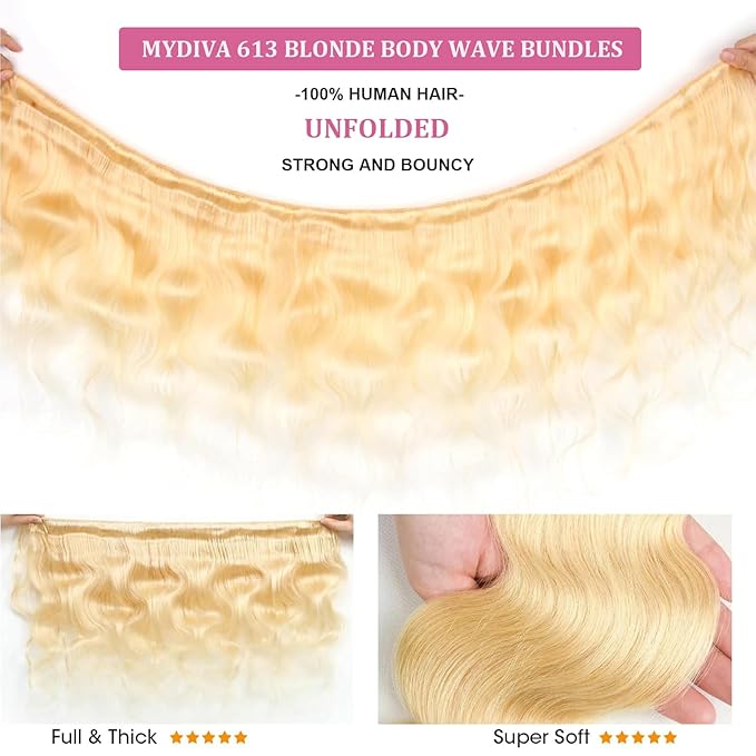 613 Blonde Body Wave Bundles Human Hair 18 inch 100% Unprocessed Virgin Human Hair Bundles 12A Quick Weave Human Hair Extensions
