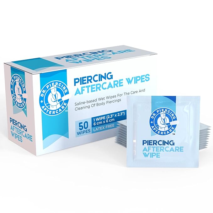 Dr. Piercing Aftercare Wipes – Piercing Aftercare | Saline Solution for Piercings - Keloid Bump Ear Piercing Cleaner – Ears Lips Belly Nose Piercing Bump - Piercing Hole Cleaner (50 Count)