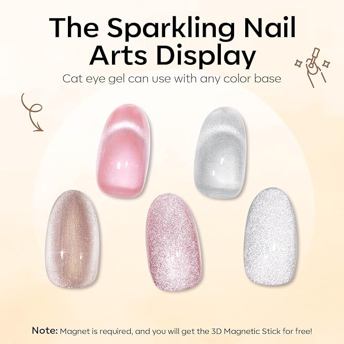 modelones Silk Cat Eye Gel Nail Polish,Pearl Nude Gel Polish Glitter Glass Polish with Magnet Soak Off Led Shimmer Shell 15 ML