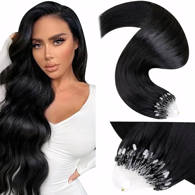 LaaVoo Micro Loop Hair Extensions Real Human Hair Jet Black Microlink Hair Extensions Human Hair Black Microbead Extensions Jet Black 14 Inch 50g/50s