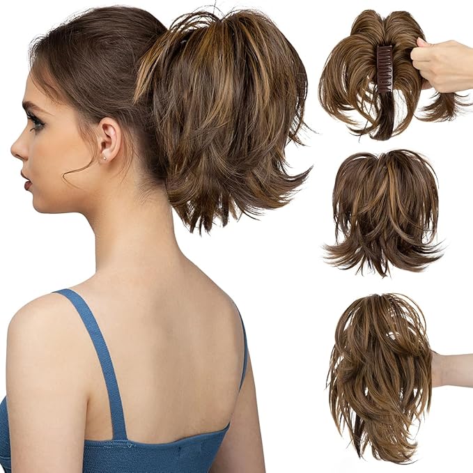 CJL HAIR Claw Clip Short Ponytail Hair Extensions DIY Bendable Metals Messy Bun Hair Piece for Wonen Straight Synthetic Fake Hairpieces Dark Brown/Golden Blonde