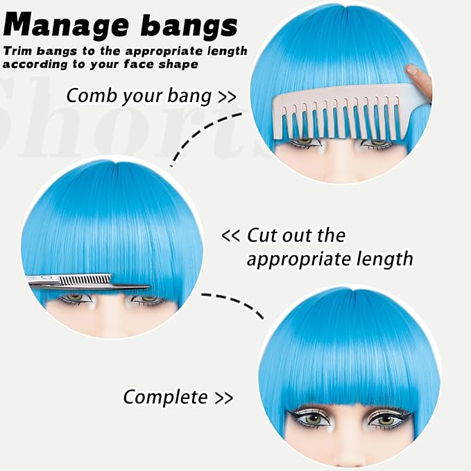 MAYSA Blue Bob Wig With Bangs Short Straight Bob Wigs 12Inch Synthetic Colorful Cosplay Daily Party Neon Wigs for White Women # Light Blue