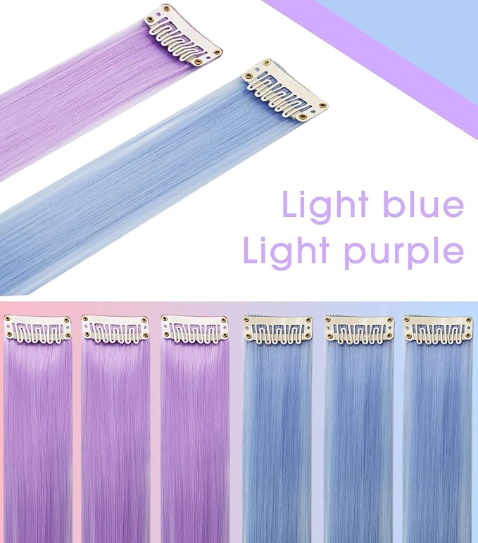 Rhyme Multi-colored Hair Extensions for Kids 21" Colored Clip in Hair Extensions Girls Hair Clips Party Highlights Hair Accessories 12 PCS (Light blue,Light purple)