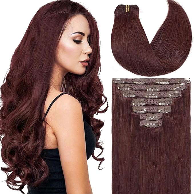Caliee Human Hair Extensions Clip ins Wine Red Extensions Clip in Real Hair Extensions 100% Remy Human Hair 22 Inch Lace Weft Color 99J Wine Red Human Hair Clip in Extensions Thick 7PCS 140G