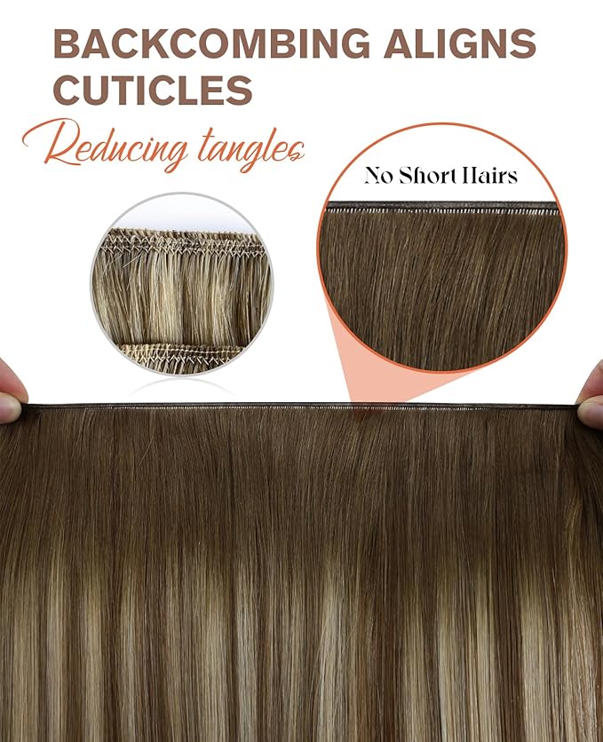 Sunny Hair Genius Weft Hair Extensions Ombre Genius Human Hair Extensions Sew in Walnut Brown to Light Brown Blonde Balayage Human Hair Weft Extensions 22inch