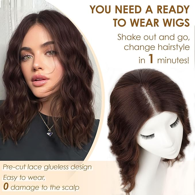 AISI HAIR Brunette Wig for Women Medium Length Wave Curly Glueless Synthetic Heat Resistant Hair Wigs for Daily Party Cosplay