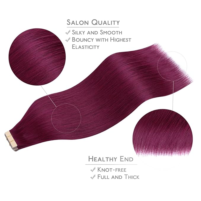 WENNALIFE Tape in Hair Extensions Human Hair, 20pcs 60g 26 inch Light Burgundy Remy Hair Extensions Straight Human Hair Tape in Extensions Skin Weft Tape Extensions Human Hair