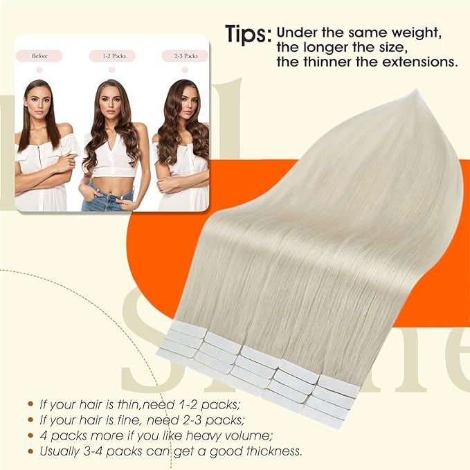 Full Shine Invisible Tape in Hair Extensions Human Hair White Blonde Human Hair Extensions Tape in 20Inch Adhesive Double Sided Extenison Seamless Skin Weft 50G 20Pcs Daily Office Look
