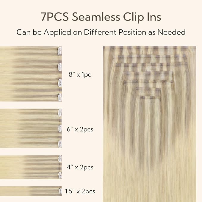 HOTBANANA Clip in Hair Extensions 22 inch 150g 7pcs Ash Blonde to Golden Blonde and Platinum Blonde Clip in Remy Human Hair Extensions Straight Hair Invisi Edge Clip Hair Full Head