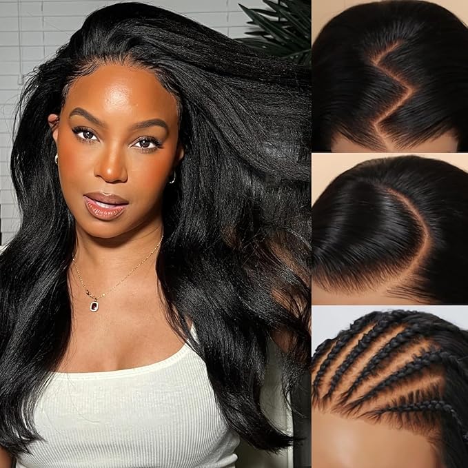 Julia Hair Bye Bye Knots Glueless Wig Yaki Human Hair Lace Wig Invisible Knots Put On and Go Pre Cut 7x5 Lace Front Wigs for Beginners Pre Bleached Pre Plucked No Glue150% Density 20 Inch