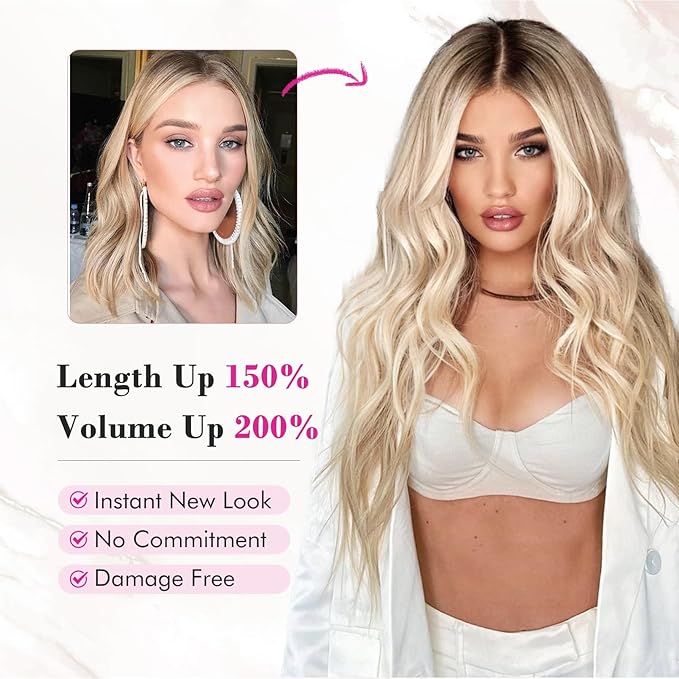 REECHO Clip in Hair Extensions, 4PCS Blonde Hair Extensions 24" Thick Long Beach Waves hair extensions HE003 Invisible Lace Weft Natural Soft Hairpieces for Women – Dark Brown with Highlights