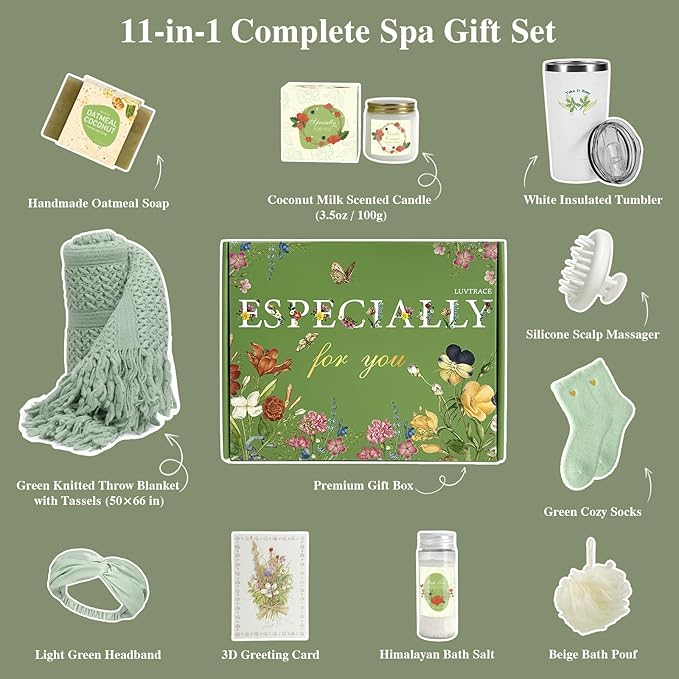 Self Care Giftst for Women 11 in 1 Spa Gift Baske Box with Blanket, Candle, Bath Salt & Tumbler — Birthday, Get Well Soon, Thinking of You, Christmas Gifts (Turquoise-11 in 1)