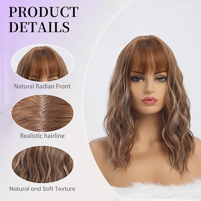 Light Brown Wigs with Highlights for Women Synthetic 16 inch Medium Length Wigs with Bangs Natural Long Wavy Fringe wig Heat Resistant Hair for Daily Party Use (16 inch)