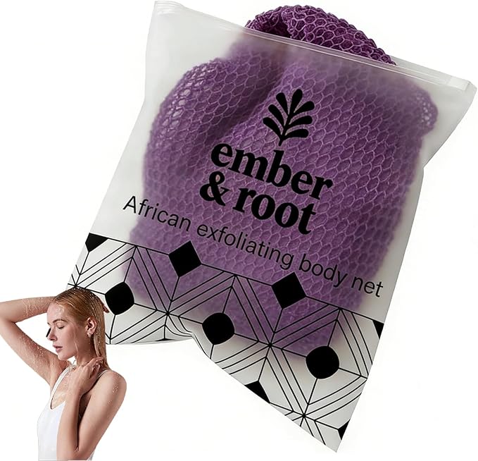 African Exfoliating Body Net Sponge, Ember and Root African Net Sponge, Exfoliating Towel, Gentle Exfoliation, Exfoliating Washcloth Face & Body Scrub Towel for All Skin Types (Purple)