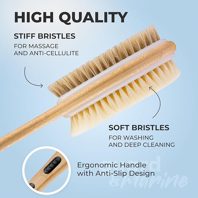 GUARD&MARINE Back Brush for Shower & Bath with Long Handle - Wooden Back Washer for Men & Women, Double-Sided Back & Body Scrubber & Scratcher, Perfect for Dry Massage & Showering for Adults & Seniors