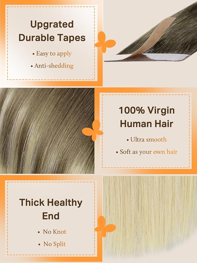 DOORES Tape in Human Hair Extensions Remy Ombre Ash Brown to Platinum Blonde 50g 20pcs 24 Inch Hair Extensions Tape in Natural Straight