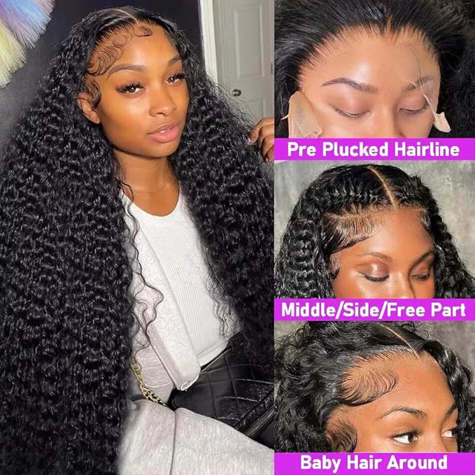 34 Inch Deep Wave Lace Front Wigs Human Hair 200 Density 13x6 HD Transparent Lace Front Wigs Human Hair Pre Plcked Curly Human Hair Wig for Women Deep Wave Frontal Wigs Human Hair with Baby Hair