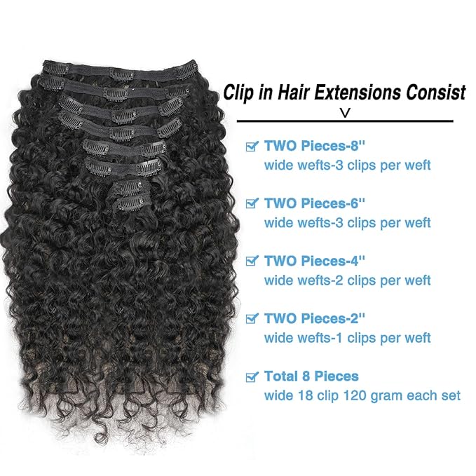 Burmese Curly Clip in Hair Extensions Real Human Hair 8Pcs Brazilian Human Hair Clip ins for Black Women With 18Clips 120g 22inch #1B Natural Black