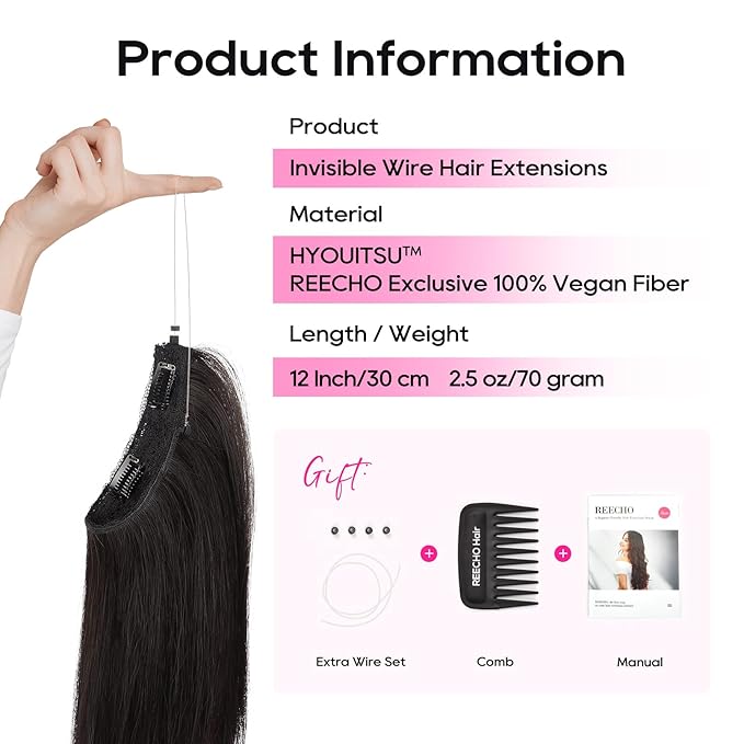 REECHO 12" Invisible Wire Hair Extensions with Thinner Softer Lace Weft Adjustable Size Removable Secure Clips in Short Straight Secret Hairpiece for Women (Off Black)