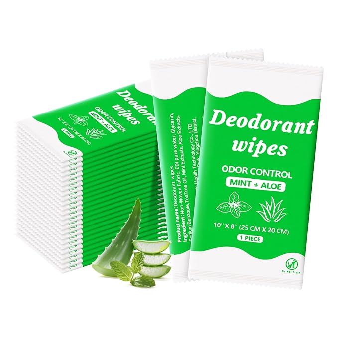 Travel Deodorant Body Shower Wipes Deodorizing Bathing Wipes, Disposable No Rinse Adults Women Men Individually Wrapped Underarm Sweat Antiperspirant Bath Wipe for Travel Camping Gym (Green, 50 Pack)