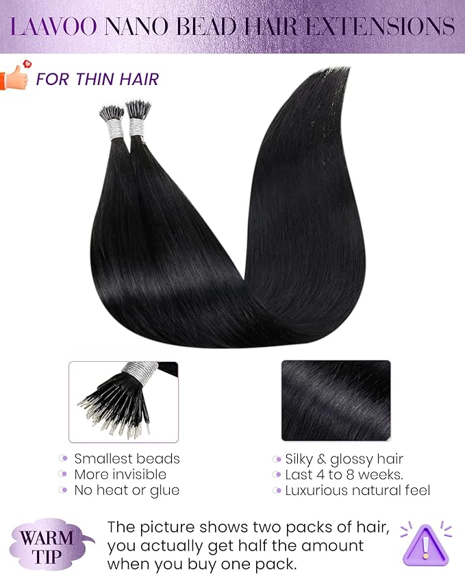 LaaVoo Nano Bead Hair Extensions Real Human Hair Black 22 Inch Nano Hair Extensions Human Hair Jet Black Nano Rings Human Hair Extensions Silky Straight 50g 50s