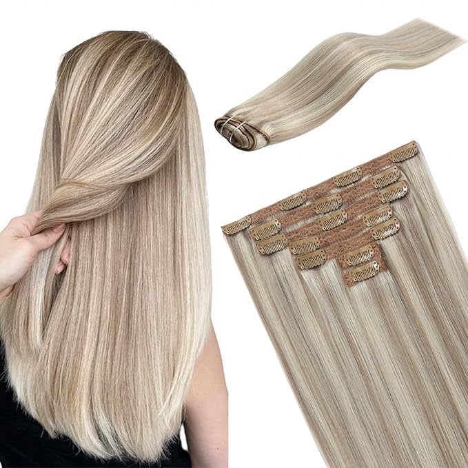 Ash Blonde Clip in Human Hair Extensions - Mix Bleach Blonde Highlights, Natural Remy Hair for Women, Real Human Hair Lace Weft, Straight, 7pcs, 105g, 14 Inch