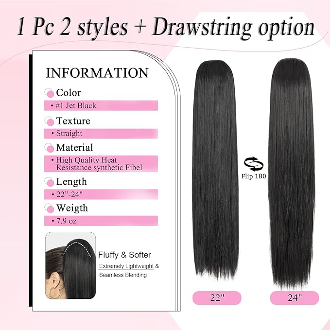 Ponytail Extension, 24" Long Straight Claw Clip Ponytail Extension clip on ponytails hair clip Hair claw clip Fake Ponytail Hairpieces for Women - Jet Black