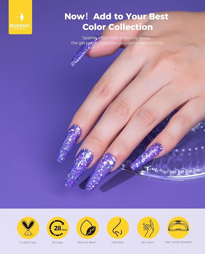 BURANO Glitter Gel Nail Polish, LED UV Nail Gel Shimmer Holographic Effect Soak off Curing Required, No Chip Polish Sparkle Home DIY Nail Salon (Purple LP21)