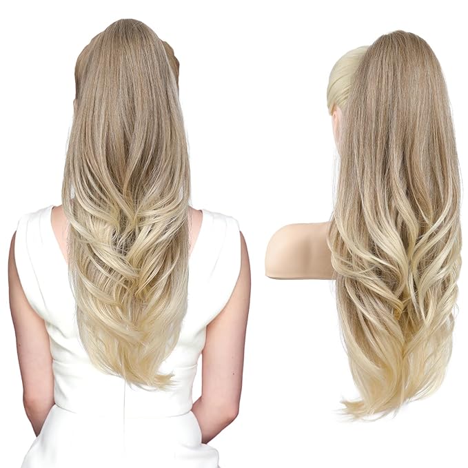 SEIKEA Versatile Drawstring Ponytail Extension, 26" Long Wavy Multi Layered Clip in Ponytail Hair Extensions Stand Up High Fake Pony Tail Soft Natural Synthetic Hairpiece Glazed Mocha to Blonde