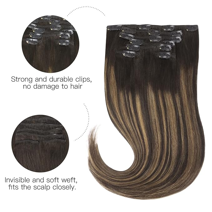 HOTBANANA Human Hair Clip in Hair Extensions, Balayage Natural Black to Chestnut Brown 75g Clip in Hair Extensions Real Human Hair Straight Remy Hair Clip Ins Dark Roots Ombre 12 Inch 7pcs