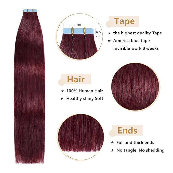 YILITE 99J Tape in Hair Extensions Human Hair,22inch 50g 20Pcs Red Tape in Hair Extensions Remy Human Hair,Seamless Skin Weft 99J Tape ins (22inch 99J), #99J Burgundy