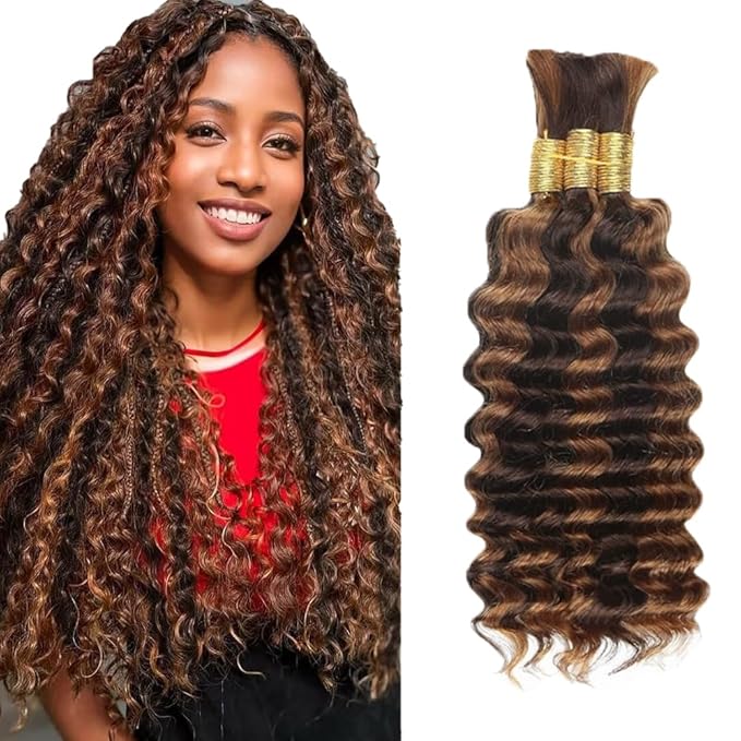 P430 Highlight Brown Human Braiding Hair Deep Wave Bulk 28 28 28 Inch 150g/3 Bundles Light Dark Brown Deep Wave Braids Human Hair Extensions